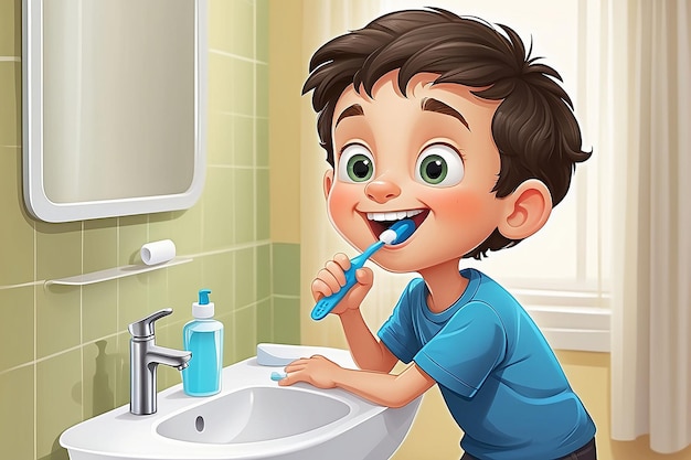Illustration of Cartoon little boy brushing his teeth