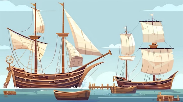 カートゥーンの古い帆船のイラスト木製の甲板マストとキャンバスの帆海賊と漁船の現代的なイラスト ゲームや本の物語のためのヴィンテージ船