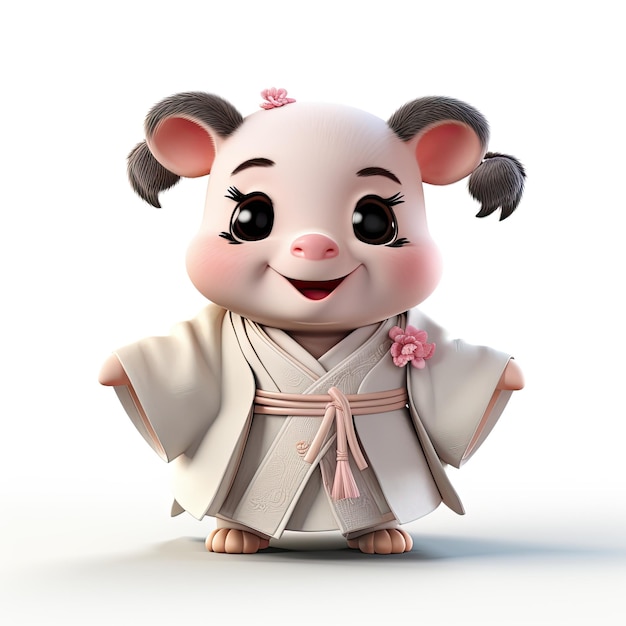 illustration cartoon pig in hanbok with flowers