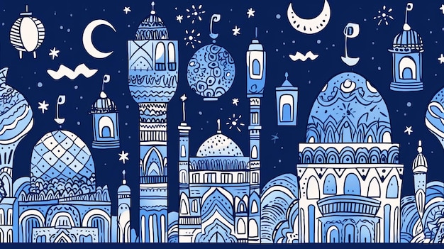 illustration Cartoon Ramadan Doodle in blue