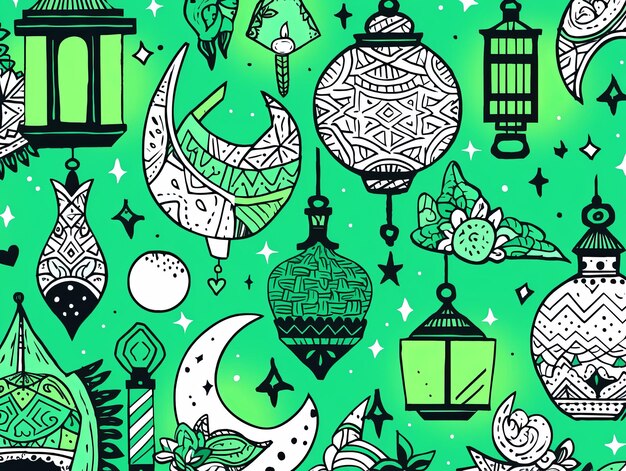 illustration Cartoon Ramadan Doodle in green