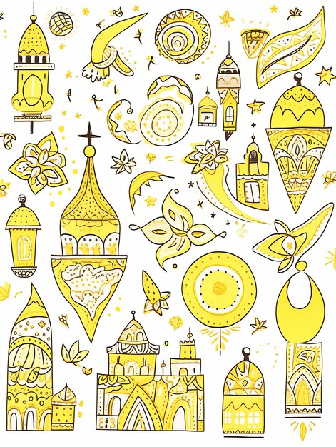 illustration Cartoon Ramadan Doodle in yellow