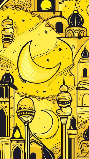 Photo illustration cartoon ramadan doodle in yellow