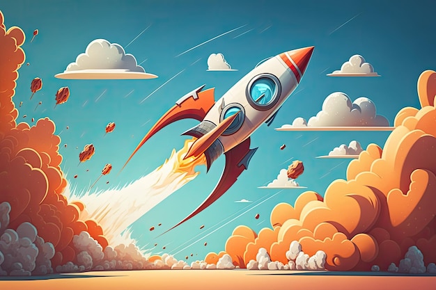 青い空を背景に発射する漫画ロケットのイラスト 初期の事業計画