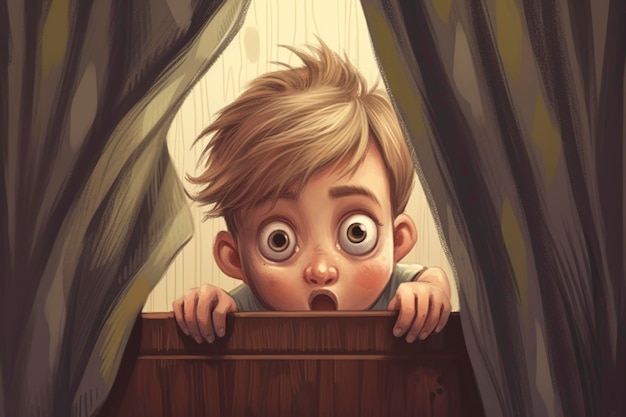 illustration cartoon a scared little boy hides