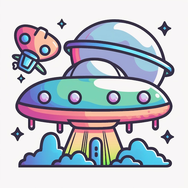 Illustration of a cartoon spaceship with a rocket and a spaceship in the background generative ai