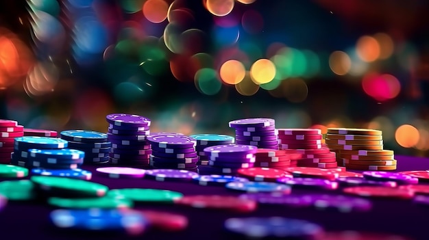 Photo illustration of a casino chips on blurred night lights background