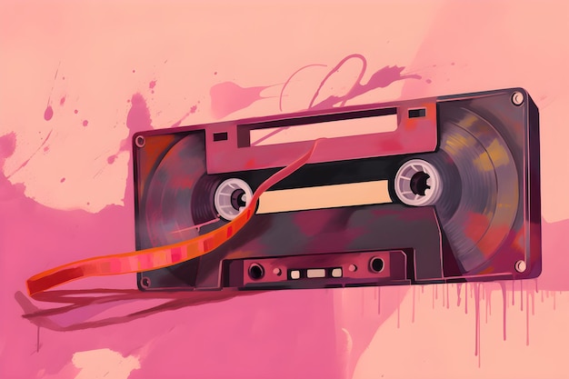 An illustration of a cassette tape with a pink background