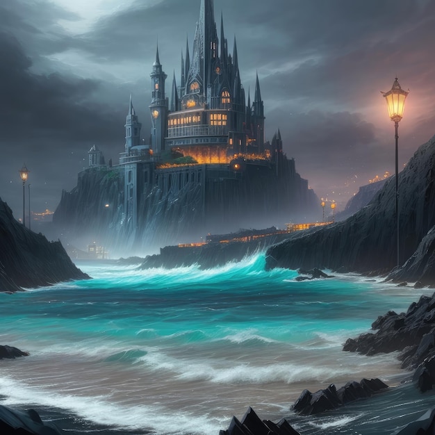 illustration of castle dark vibes near the beach
