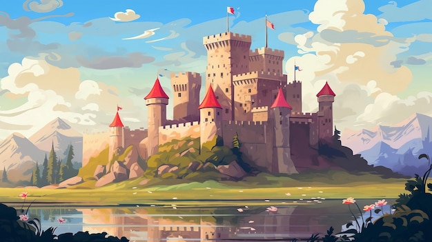 An illustration of a castle on a hill near the river ai generated