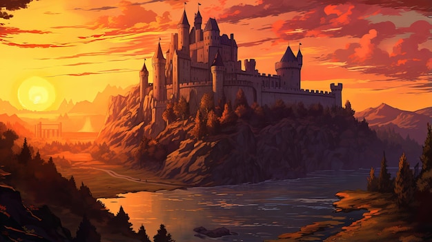 Illustration of a castle sunset fantasy world