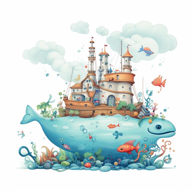 Photo illustration of a castle on a whale with fish and seaweed generative ai