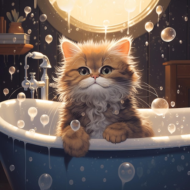 泡浴中の猫のイラスト