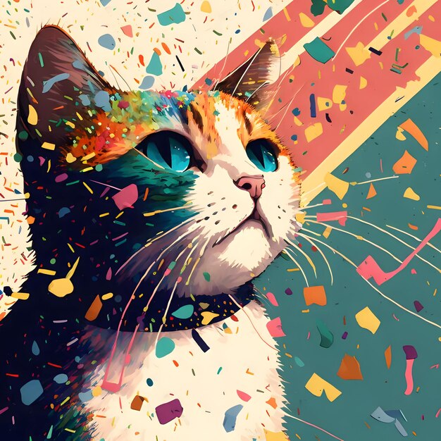 Photo illustration of a cat and colorful confetti new years party and celebrations