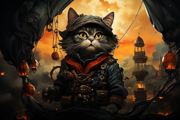 An illustration of a cat exploring the world atop a hot air balloon