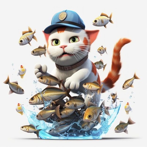 illustration cat and fish comical interaction