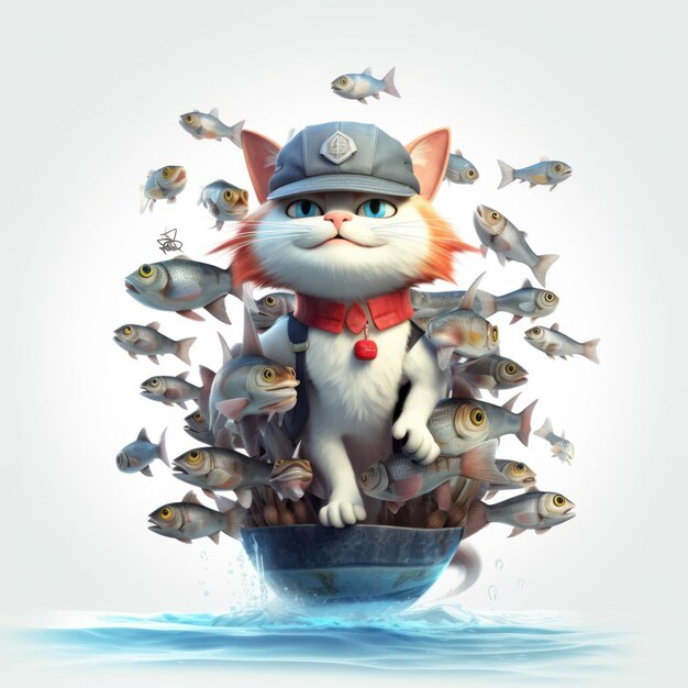 illustration cat and fish playful scene