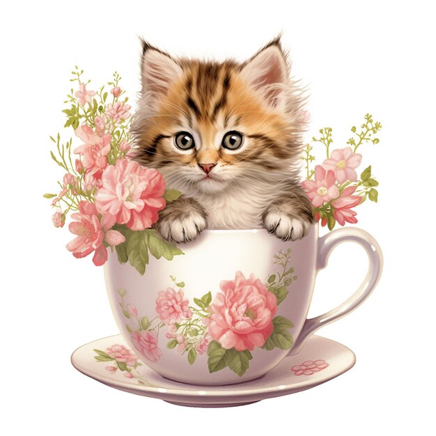 Photo illustration of a cat in a glass with flowers on white background generative ai