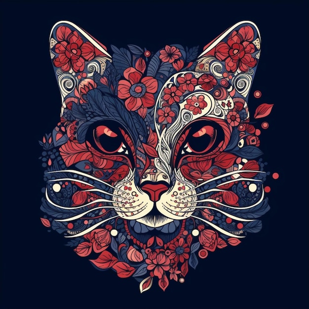 illustration of a cat head with intricate designs of decorative flowers