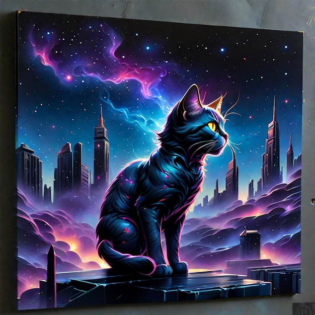 Illustration of a cat in the night city 3d rendering