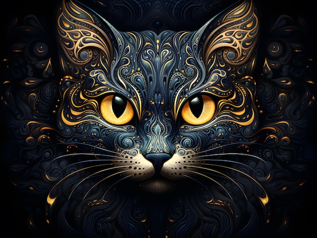 Illustration of a cat's face with ornamental pattern on a dark background