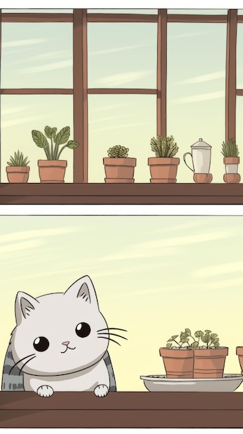 꽃과 함께 창 앞에 앉아 있는 고양이의 그림