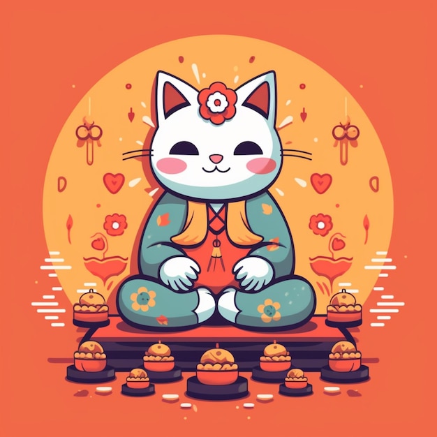 Illustration of a cat sitting on a table with hamburgers generative ai