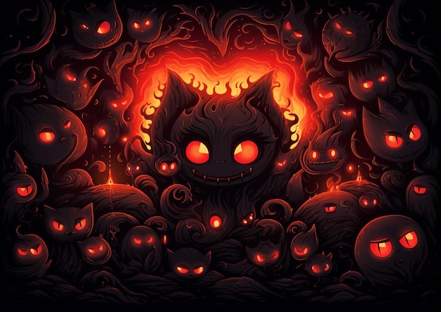 Illustration of a cat surrounded by glowing eyes and spooky eyes generative ai