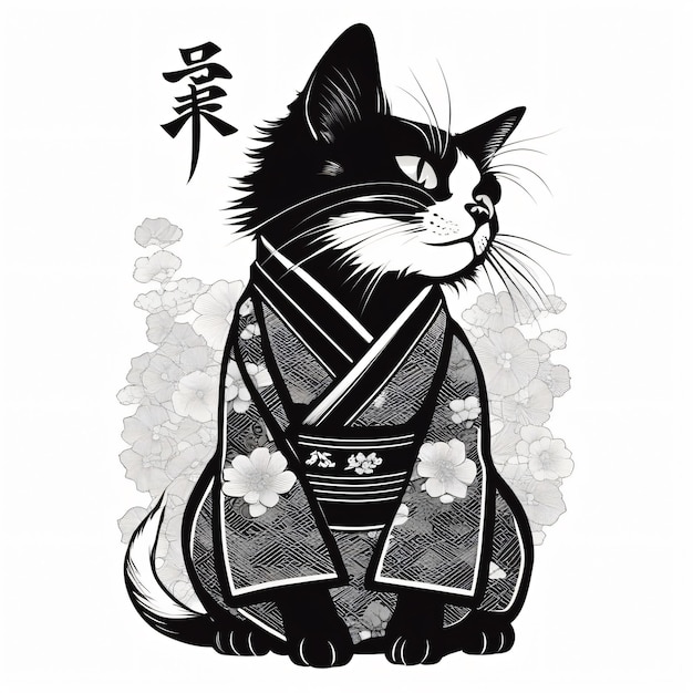 Photo illustration of a cat wearing a kimono and a flower