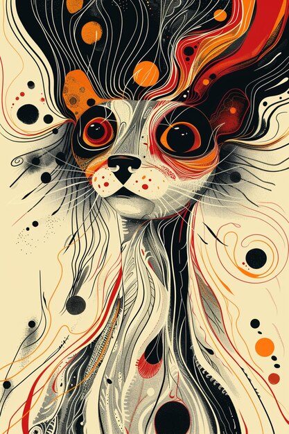 illustration of a cat with a colorful hairdof and a black and white background generative ai