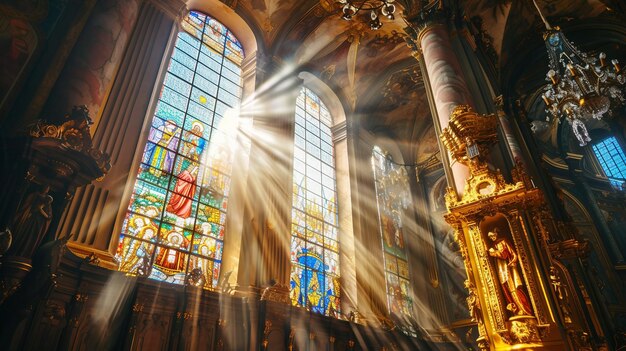 Photo illustration of catholic church and temple with light entering the drawn windows