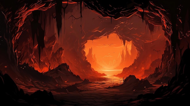 An illustration of a cave with a red lights AI Generated