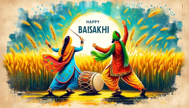 Photo illustration for the celebration of baisakhi with man and woman in traditional attire dancing