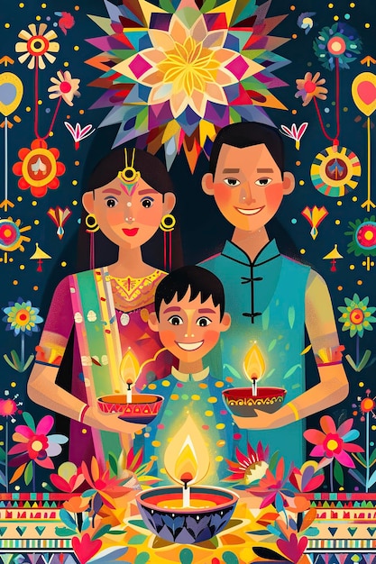 イラスト: 家族と一緒に幸せなディワリー・フェスティバルを祝う