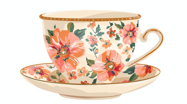 An illustration of a ceramic teacup with a floral pattern The teacup is white with a scalloped edge and a pink handle