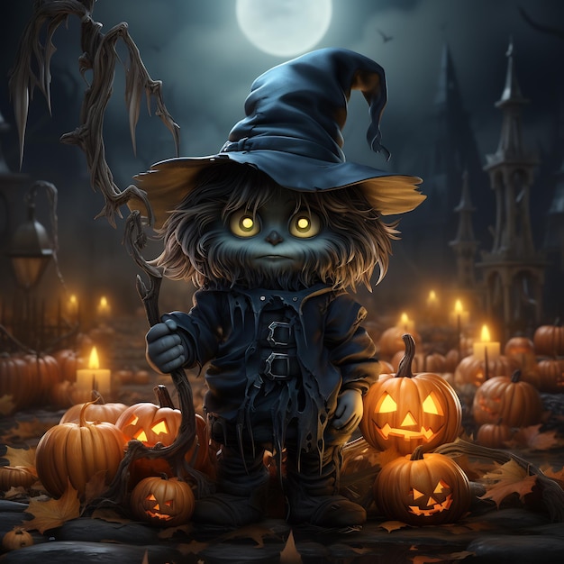 Illustration of a character of halloween holding pumpkins with brooms in the yard