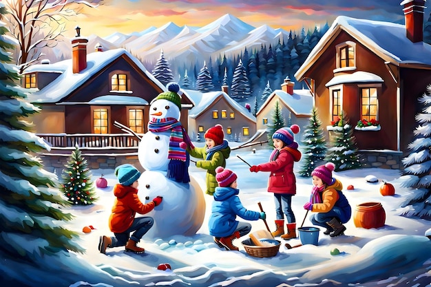 사진 아이 들 이 스노우맨 을 만드는 매력적 인 크리스마스 겨울 장면