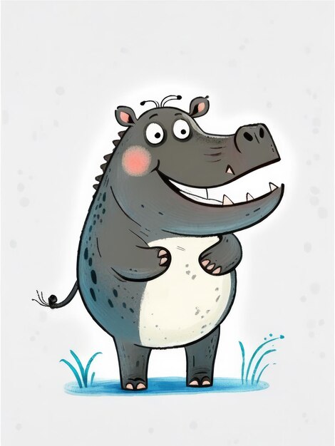 Illustration of a cheerful cartoon hippo with a cute and friendly expression