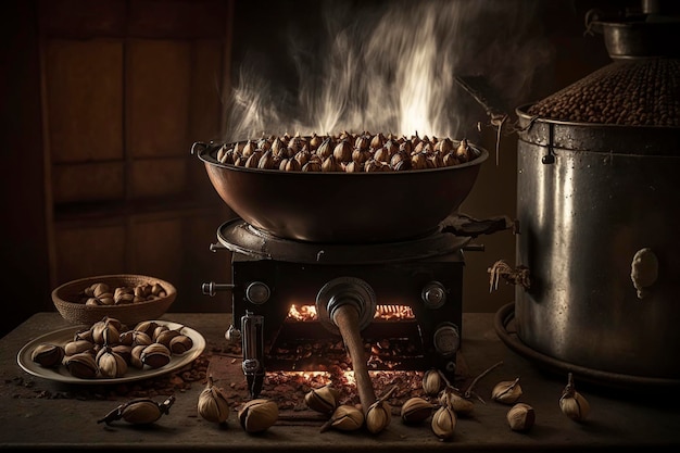 illustration chestnuts are being roasted on the stove generative ai