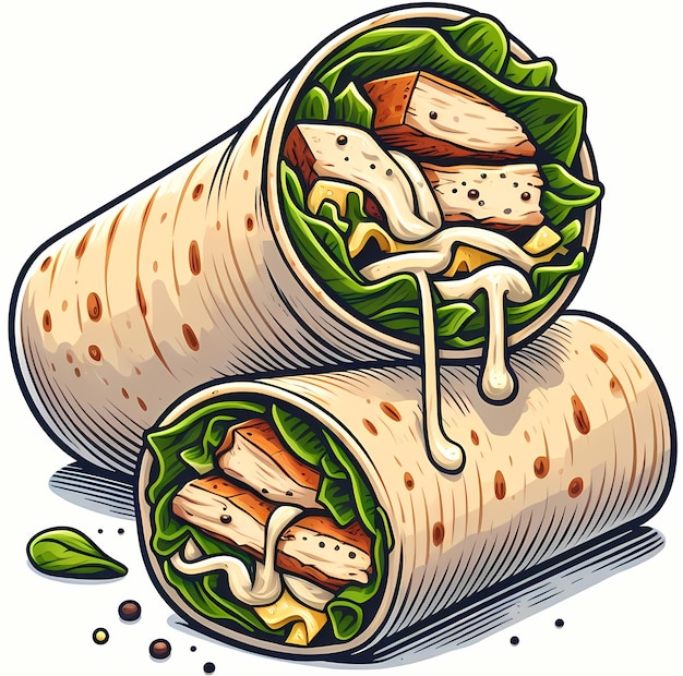 Illustration of a chicken caesar wrap clean simple