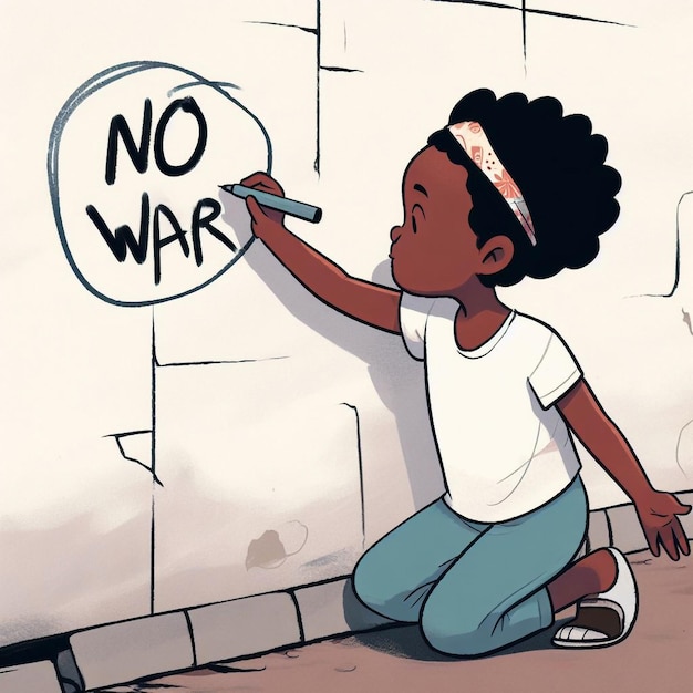 Photo illustration of child girl writing no to war on the wall