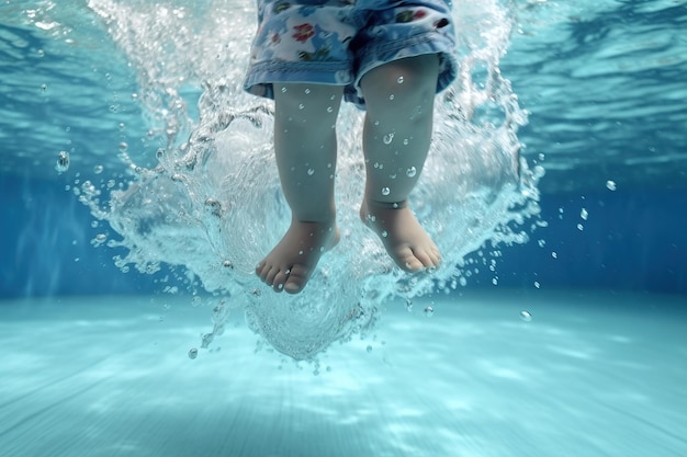 スイミングプールの水中の子供の足のイラスト ジェネレーティブAI