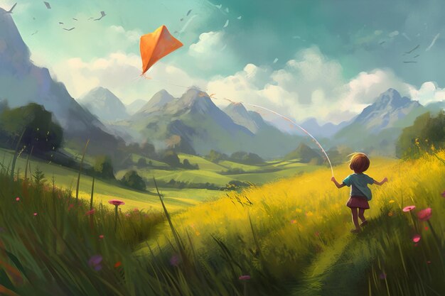 Illustration of a child playing with a kite in a field