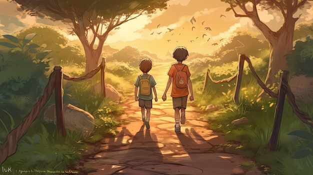 Иллюстрация ребенка, гуляющего вместе в лесу, мультфильм
