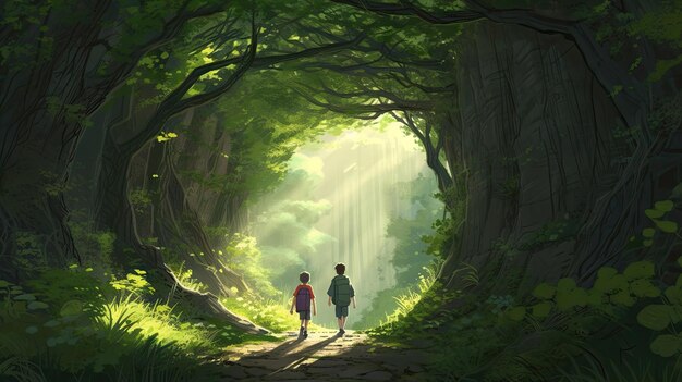 Illustration of a child walking in the forest together cartoon