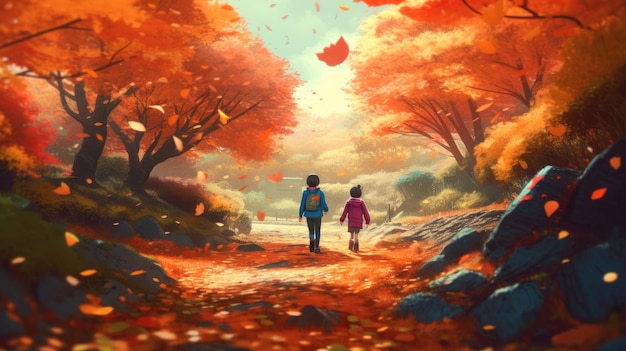 Illustration of a child walking in the forest together cartoon