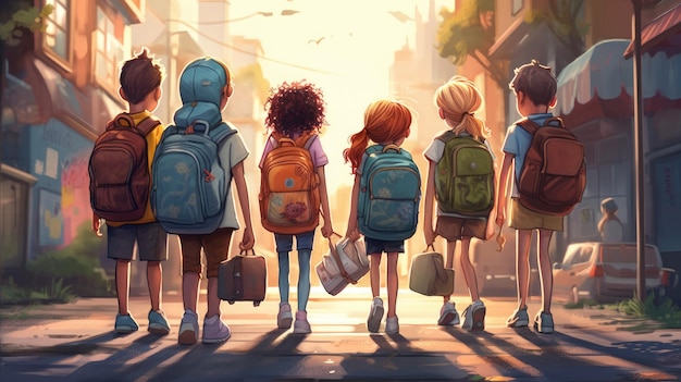 Иллюстрация ребенка, идущего посреди красивого городского мультфильма