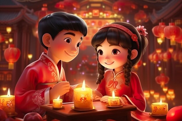 illustration of children celebrating the Chinese New Year Lunar New Year sitting in the street