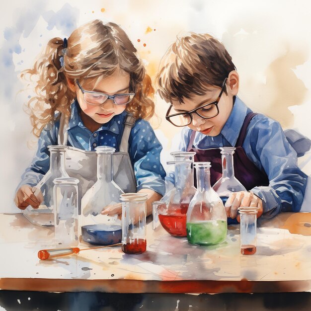 Illustration of children exploring science watercolor