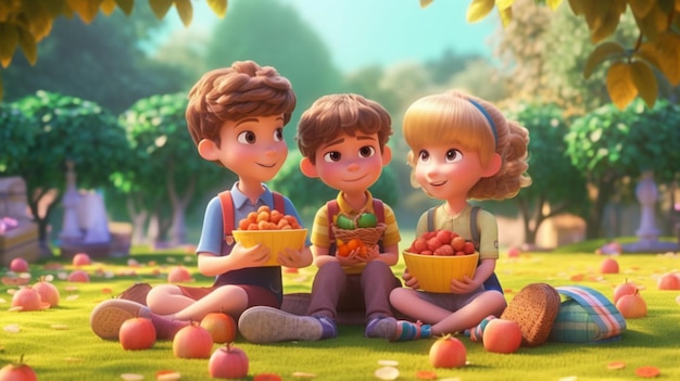 Иллюстрация детей, устраивающих пикник со свежими красочными фруктами в парке Generative AI